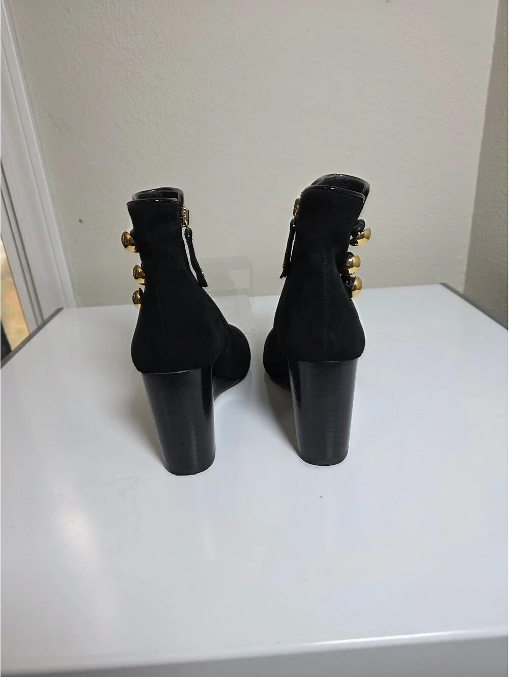 Kate Spade NY Geraldine Suede & Patent Leather Wedge Booties Gold Buttons Size 8